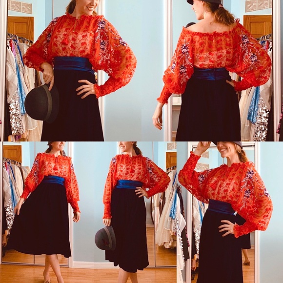 SOLD Free People Embroidered Red Sheer Race Blouse - Picture 3 of 8